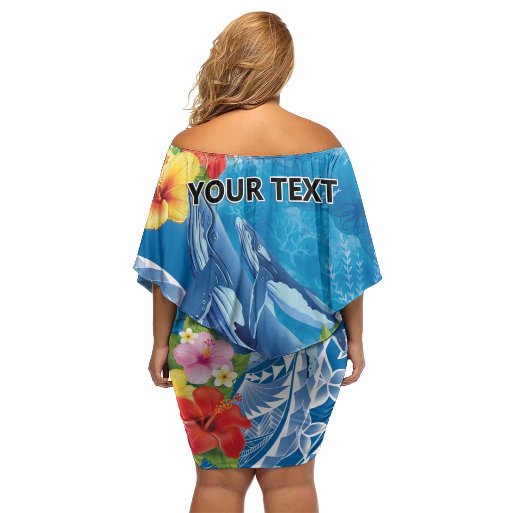 Personalised Kosrae States Humpback Whale Family Matching Off Shoulder Short Dress and Hawaiian Shirt Polynesian Tropical Flowers
