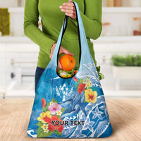 Personalised Kosrae States Humpback Whale Grocery Bag Polynesian Tropical Flowers