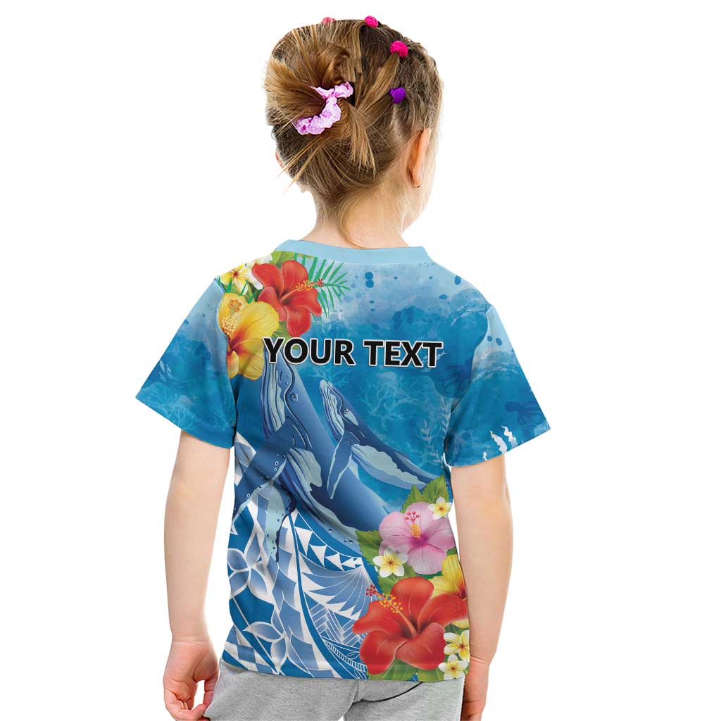 Personalised Kosrae States Humpback Whale Kid T Shirt Polynesian Tropical Flowers