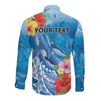 Personalised Kosrae States Humpback Whale Long Sleeve Button Shirt Polynesian Tropical Flowers