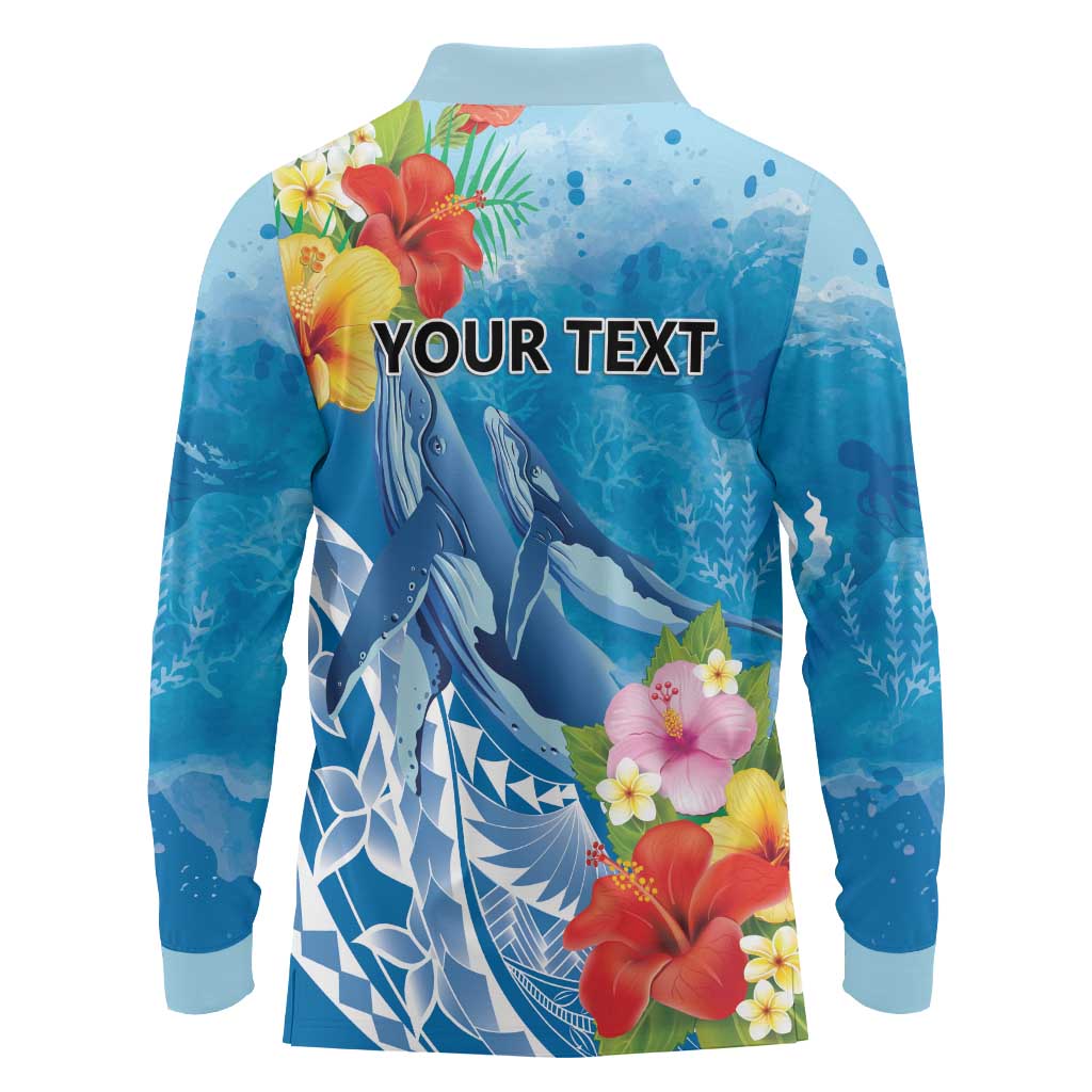 Personalised Kosrae States Humpback Whale Long Sleeve Polo Shirt Polynesian Tropical Flowers