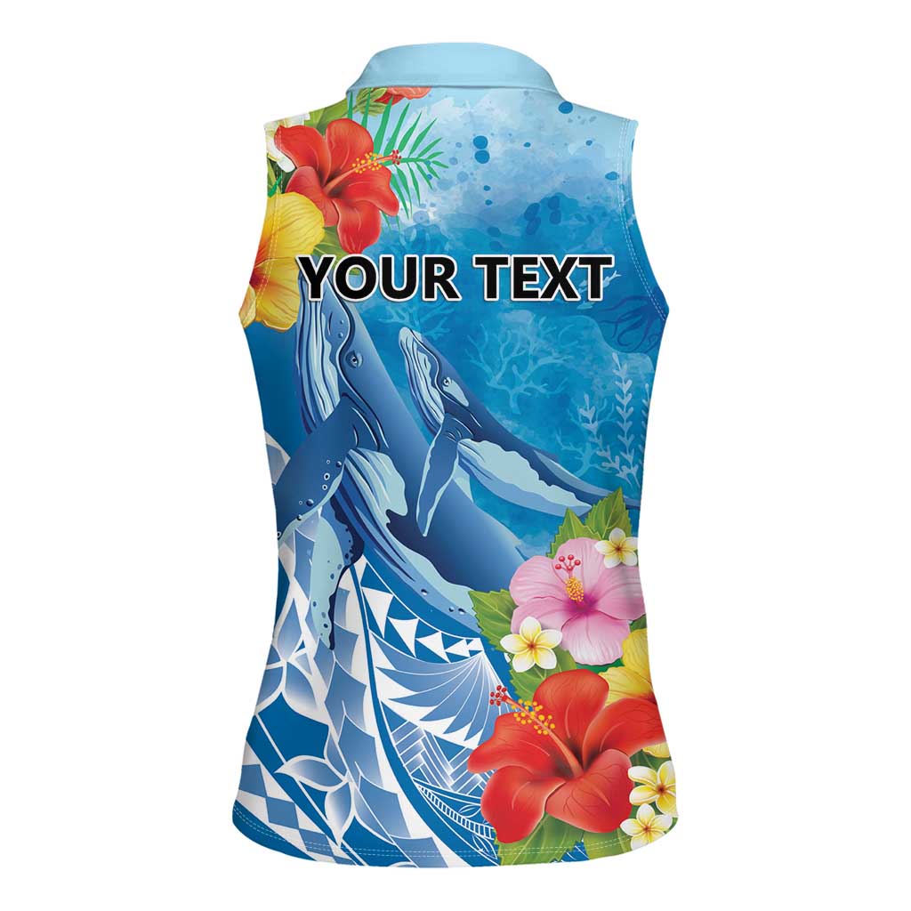 Personalised Kosrae States Humpback Whale Women Sleeveless Polo Shirt Polynesian Tropical Flowers
