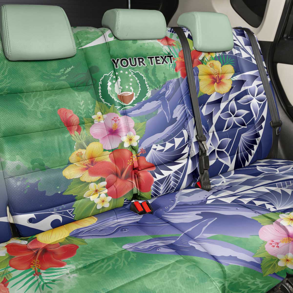 Personalised Pohnpei States Humpback Whale Back Car Seat Cover Polynesian Tropical Flowers
