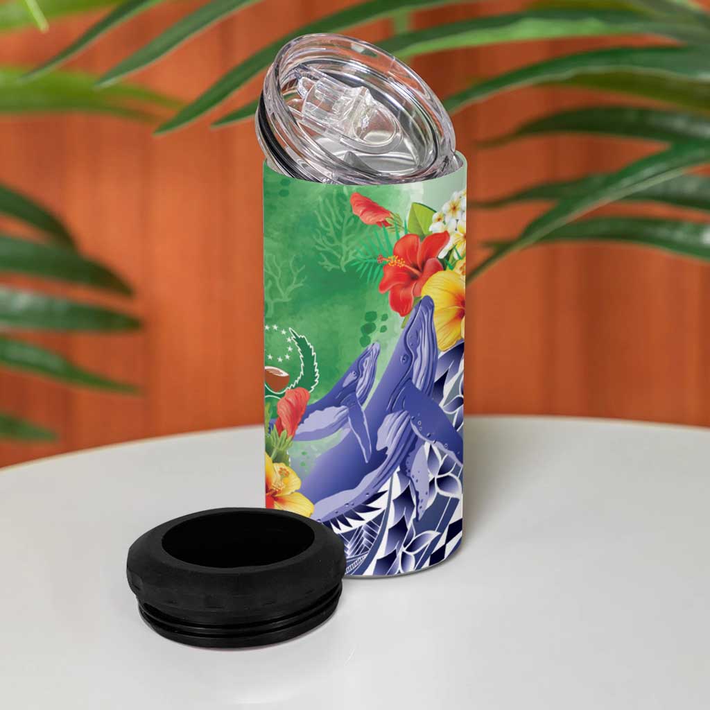 Personalised Pohnpei States Humpback Whale 4 in 1 Can Cooler Tumbler Polynesian Tropical Flowers