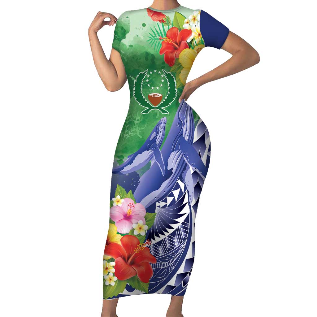 Personalised Pohnpei States Humpback Whale Family Matching Short Sleeve Bodycon Dress and Hawaiian Shirt Polynesian Tropical Flowers
