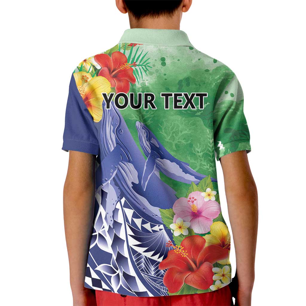 Personalised Pohnpei States Humpback Whale Kid Polo Shirt Polynesian Tropical Flowers