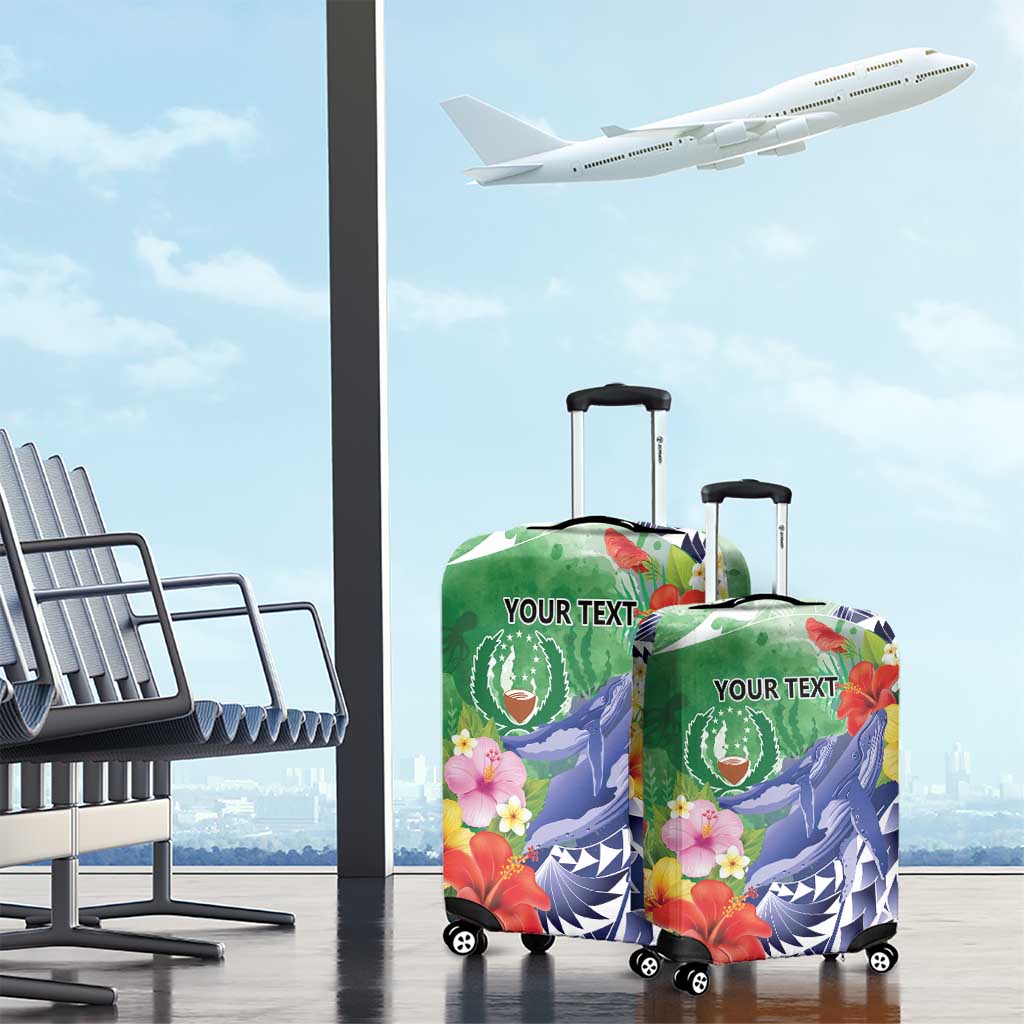 Personalised Pohnpei States Humpback Whale Luggage Cover Polynesian Tropical Flowers