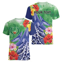 Personalised Pohnpei States Humpback Whale Women V-Neck T-Shirt Polynesian Tropical Flowers