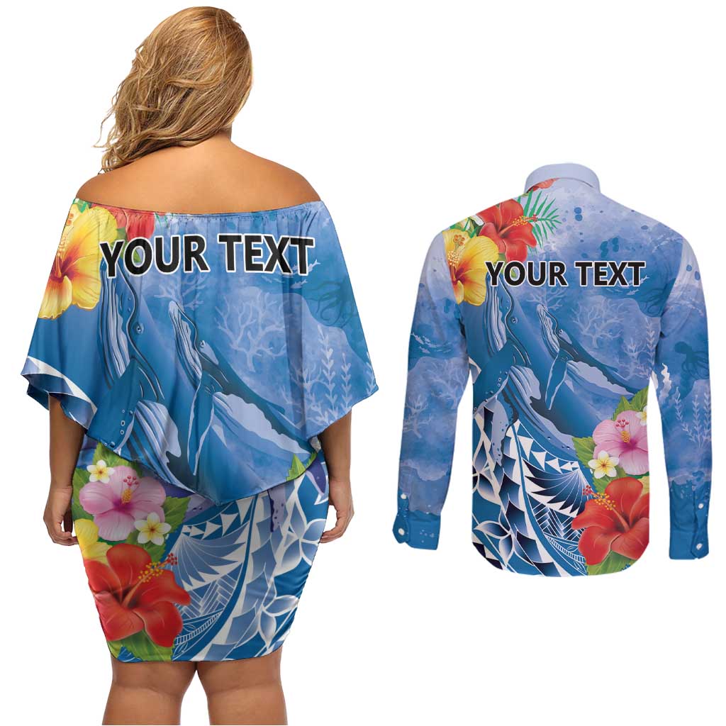 Personalised Yap States Humpback Whale Couples Matching Off Shoulder Short Dress and Long Sleeve Button Shirt Polynesian Tropical Flowers