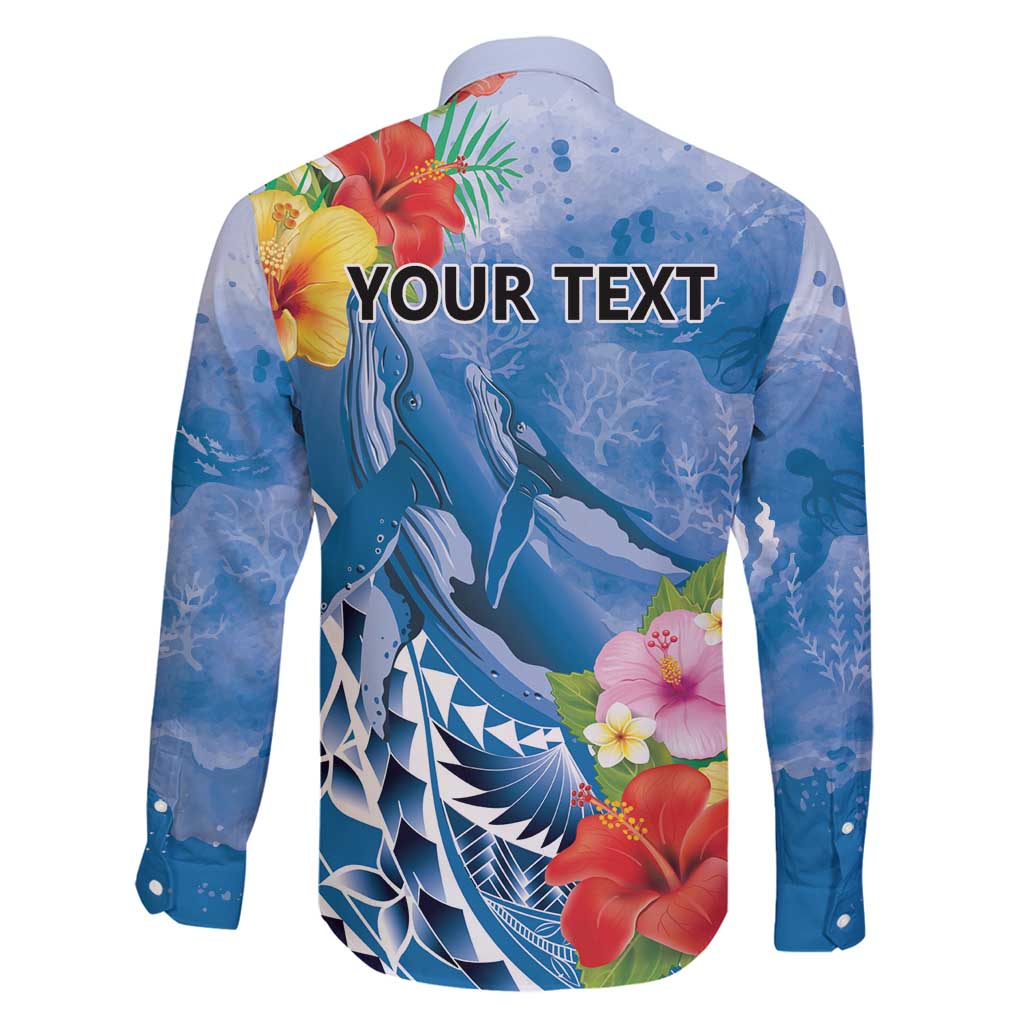 Personalised Yap States Humpback Whale Family Matching Long Sleeve Bodycon Dress and Hawaiian Shirt Polynesian Tropical Flowers