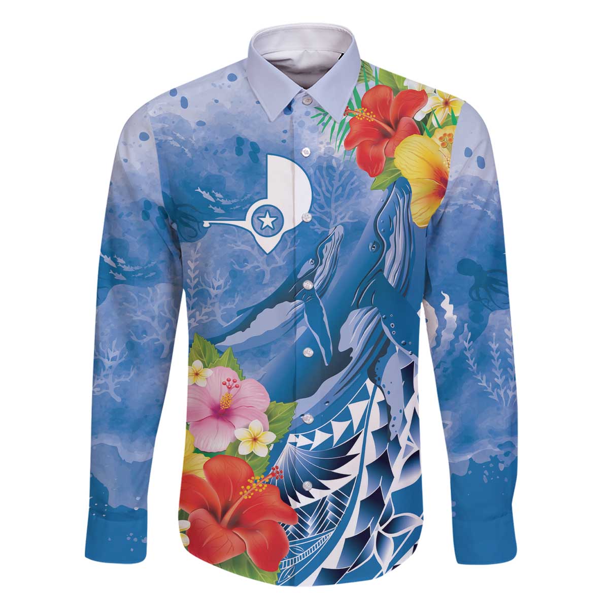 Personalised Yap States Humpback Whale Family Matching Off The Shoulder Long Sleeve Dress and Hawaiian Shirt Polynesian Tropical Flowers
