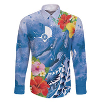 Personalised Yap States Humpback Whale Family Matching Off The Shoulder Long Sleeve Dress and Hawaiian Shirt Polynesian Tropical Flowers