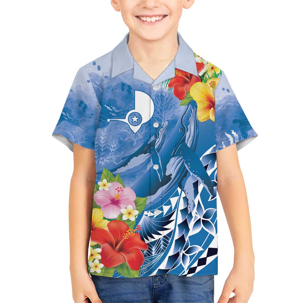 Personalised Yap States Humpback Whale Family Matching Off Shoulder Short Dress and Hawaiian Shirt Polynesian Tropical Flowers