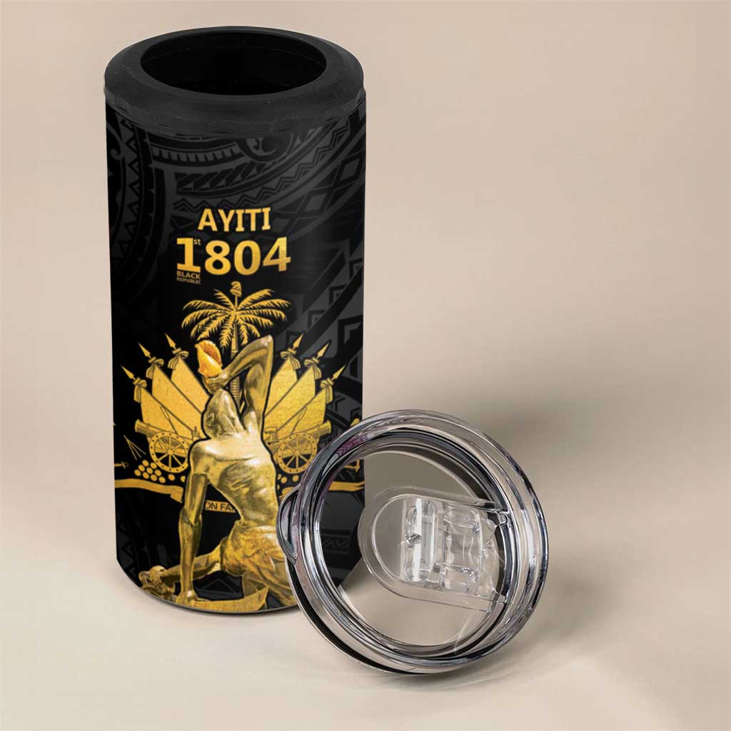 Haitian Negre Marron 1804 4 in 1 Can Cooler Tumbler Black Polynesian Pattern