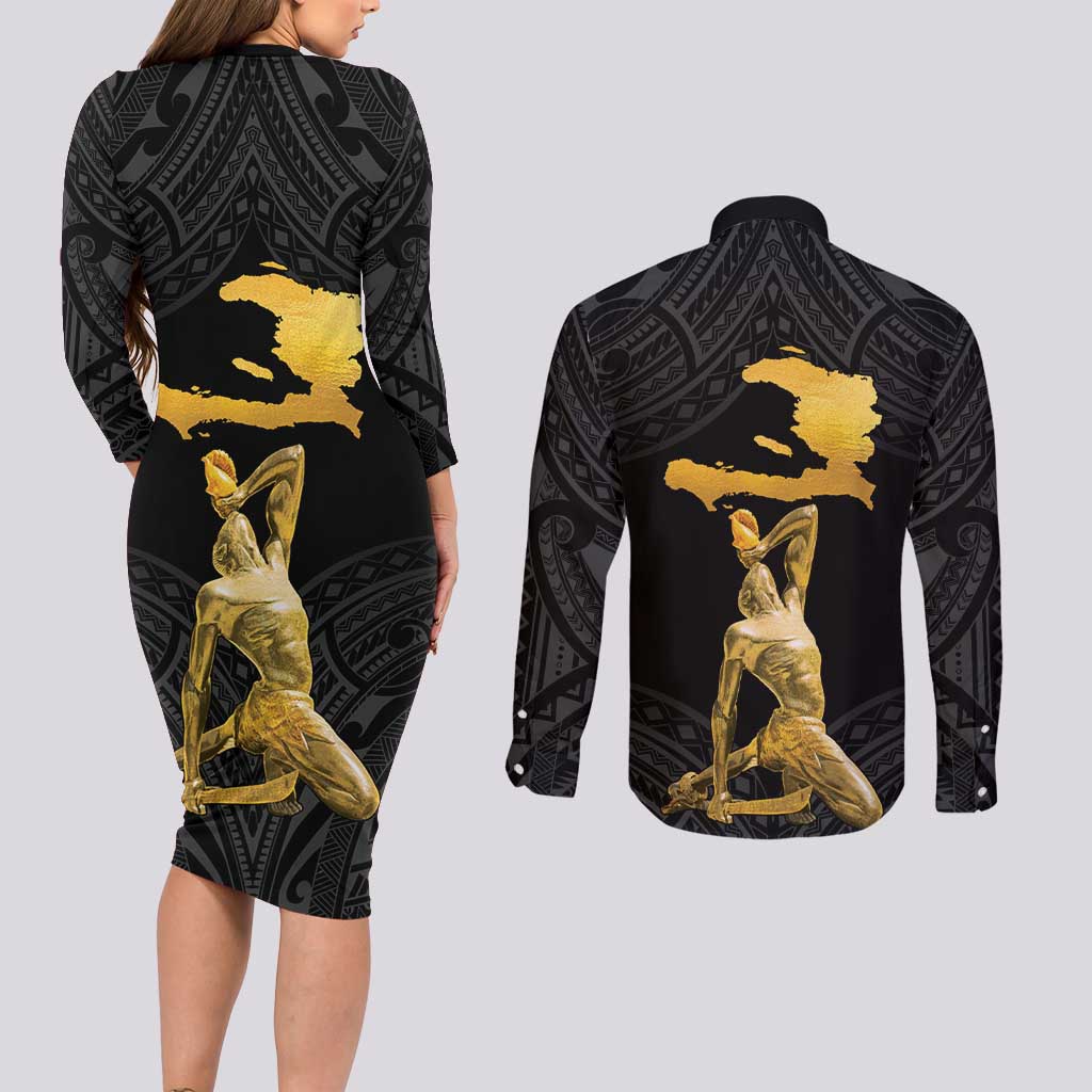 Haitian Negre Marron 1804 Couples Matching Long Sleeve Bodycon Dress and Long Sleeve Button Shirt Black Polynesian Pattern