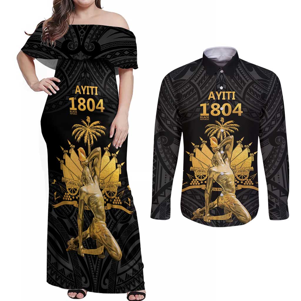 Haitian Negre Marron 1804 Couples Matching Off Shoulder Maxi Dress and Long Sleeve Button Shirt Black Polynesian Pattern LT9 Black - Polynesian Pride