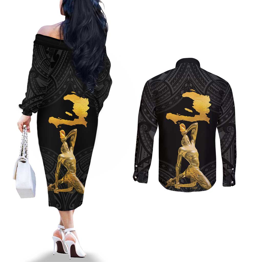 Haitian Negre Marron 1804 Couples Matching Off The Shoulder Long Sleeve Dress and Long Sleeve Button Shirt Black Polynesian Pattern