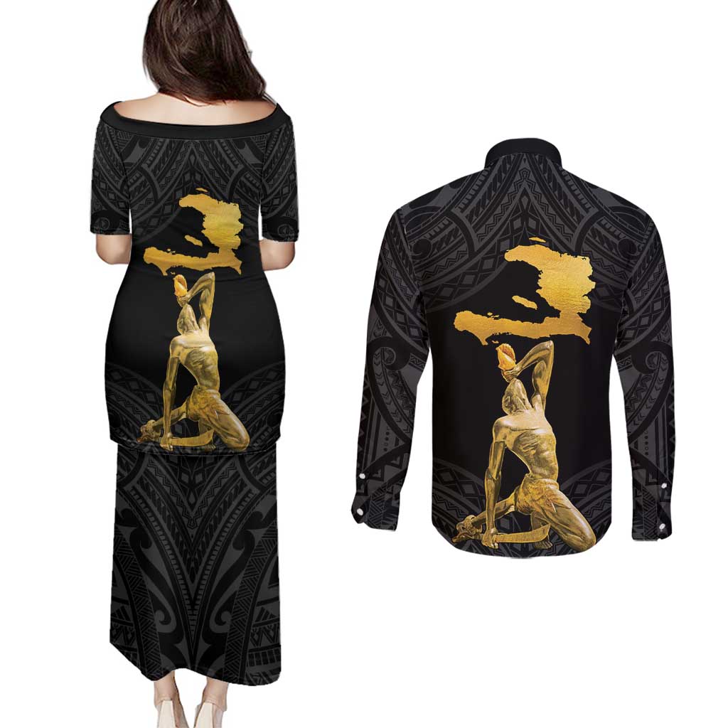 Haitian Negre Marron 1804 Couples Matching Puletasi and Long Sleeve Button Shirt Black Polynesian Pattern