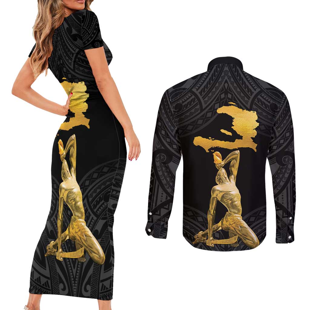 Haitian Negre Marron 1804 Couples Matching Short Sleeve Bodycon Dress and Long Sleeve Button Shirt Black Polynesian Pattern