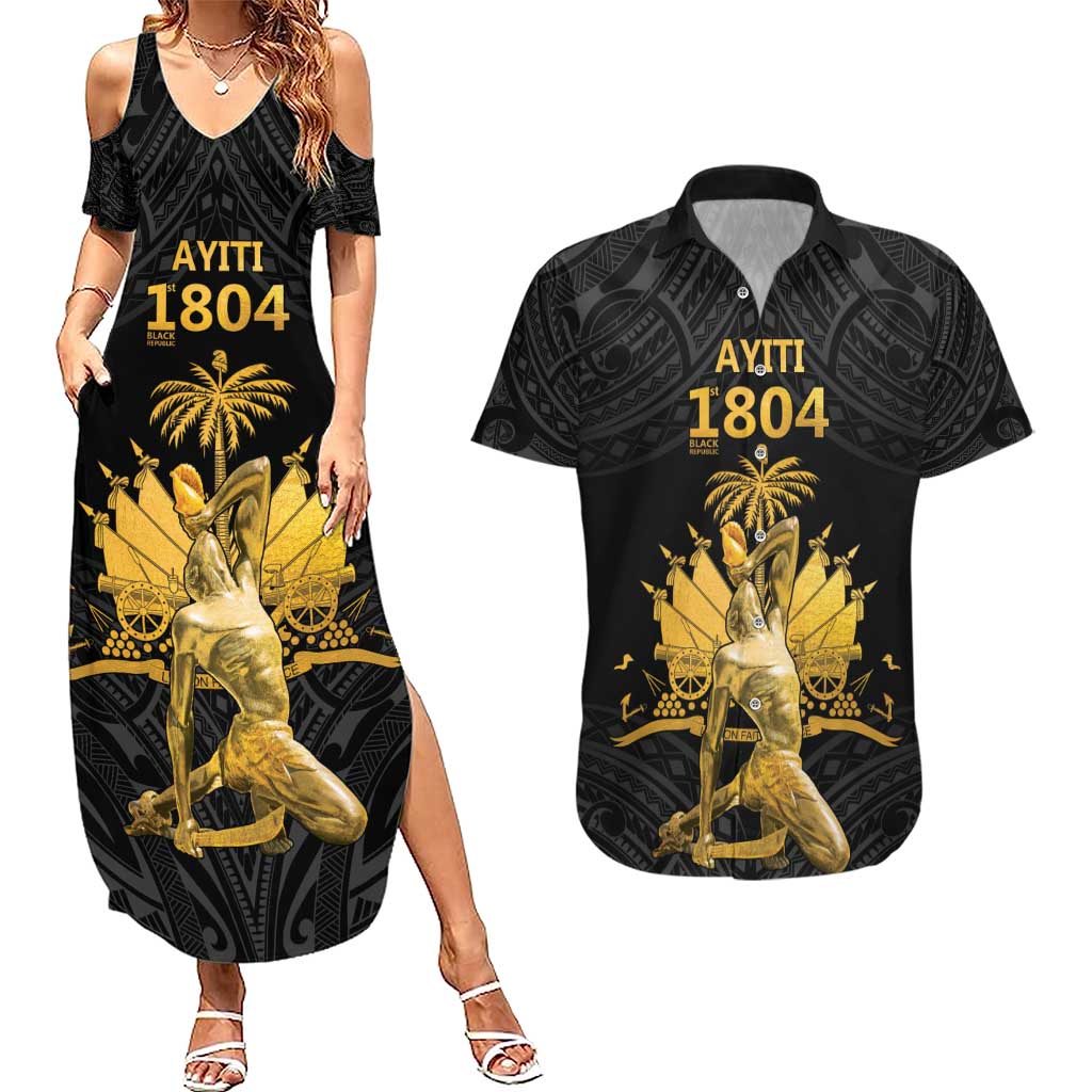 Haitian Negre Marron 1804 Couples Matching Summer Maxi Dress and Hawaiian Shirt Black Polynesian Pattern