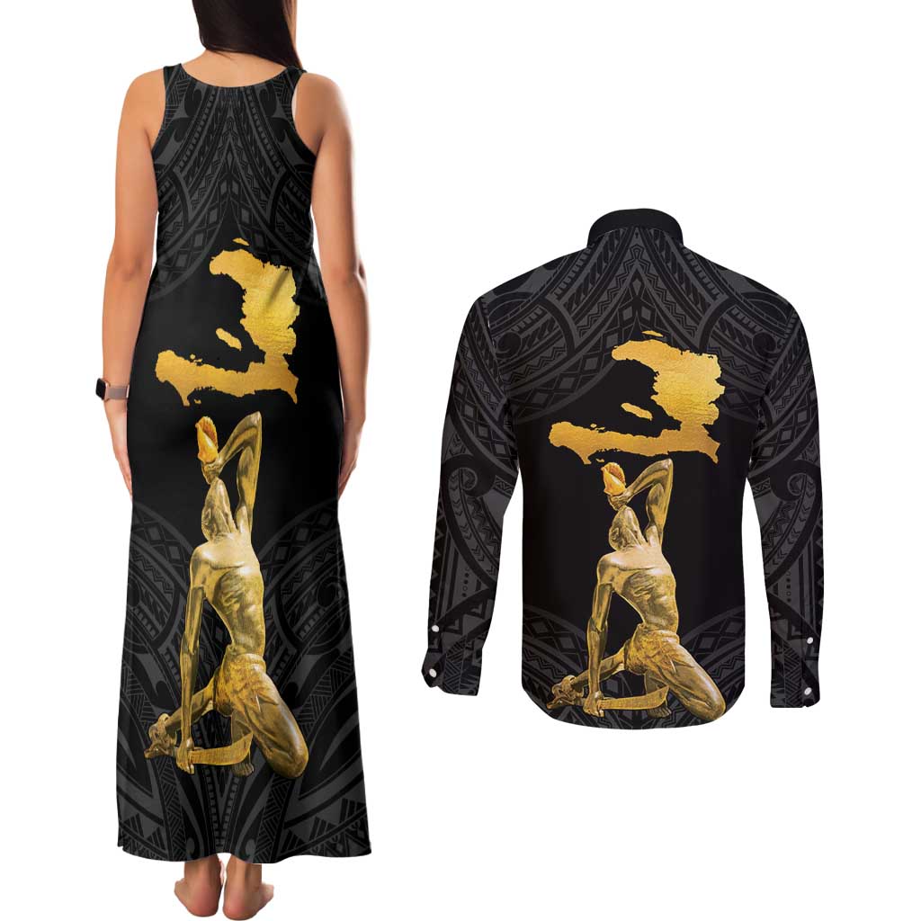 Haitian Negre Marron 1804 Couples Matching Tank Maxi Dress and Long Sleeve Button Shirt Black Polynesian Pattern