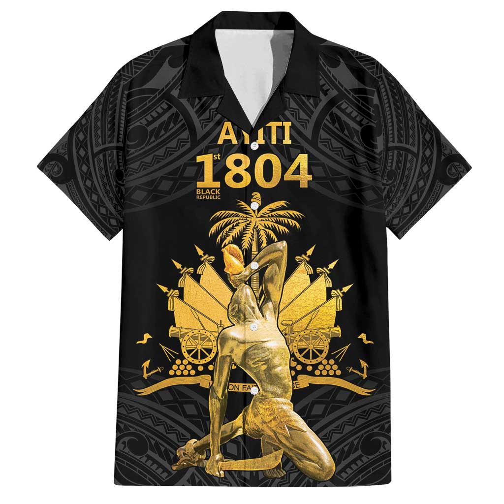 Haitian Negre Marron 1804 Family Matching Off Shoulder Short Dress and Hawaiian Shirt Black Polynesian Pattern