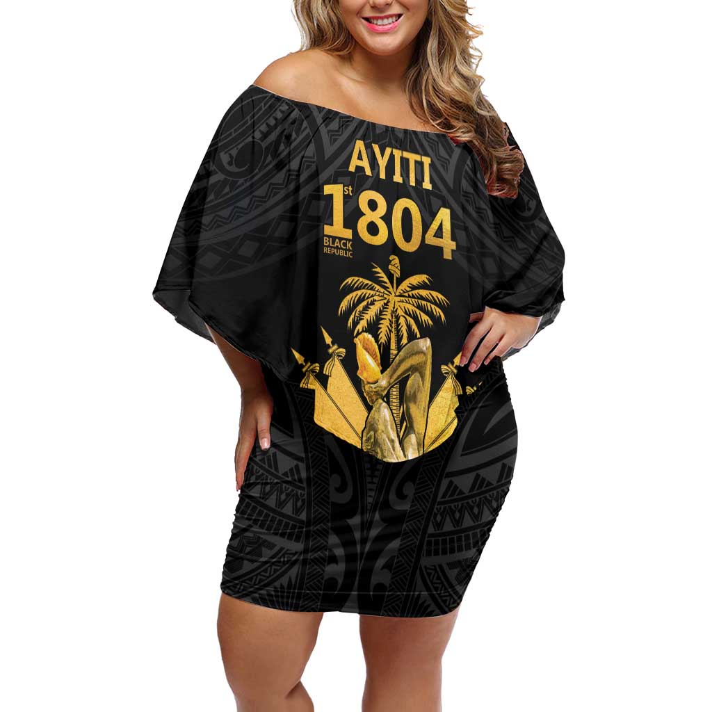 Haitian Negre Marron 1804 Family Matching Off Shoulder Short Dress and Hawaiian Shirt Black Polynesian Pattern
