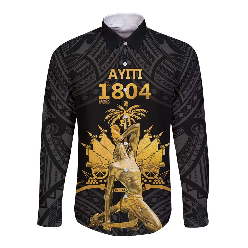 Haitian Negre Marron 1804 Long Sleeve Button Shirt Black Polynesian Pattern LT9 Unisex Black - Polynesian Pride
