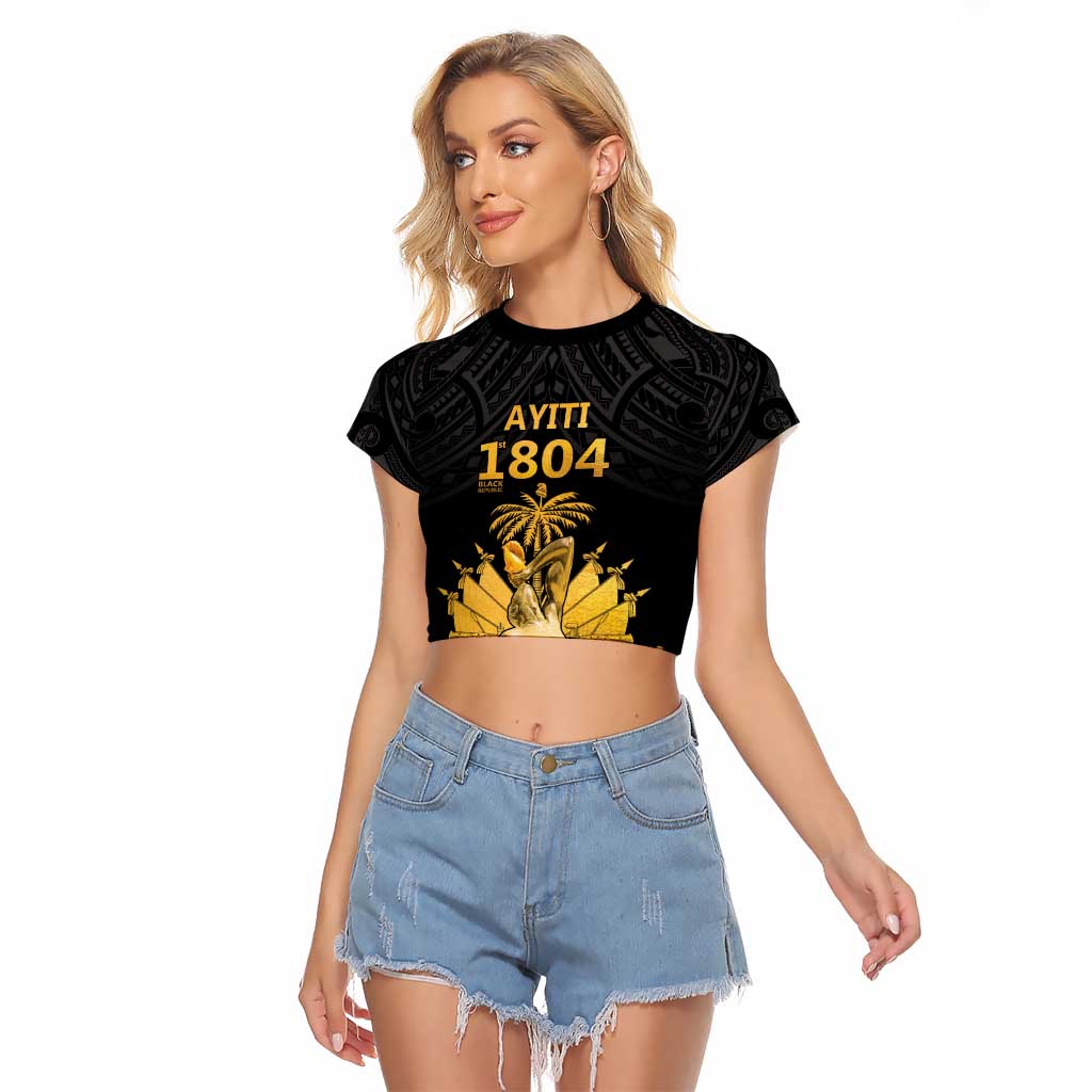 Haitian Negre Marron 1804 Raglan Cropped T Shirt Black Polynesian Pattern