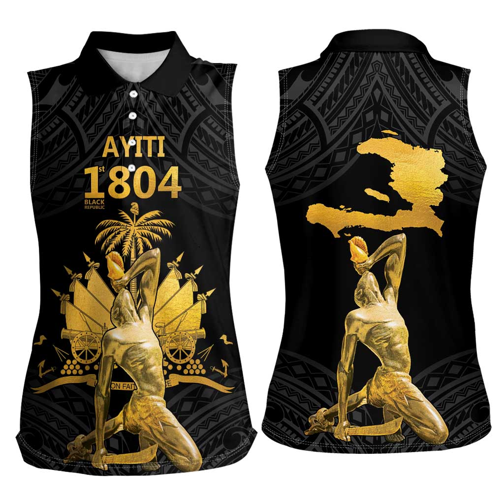 Haitian Negre Marron 1804 Women Sleeveless Polo Shirt Black Polynesian Pattern