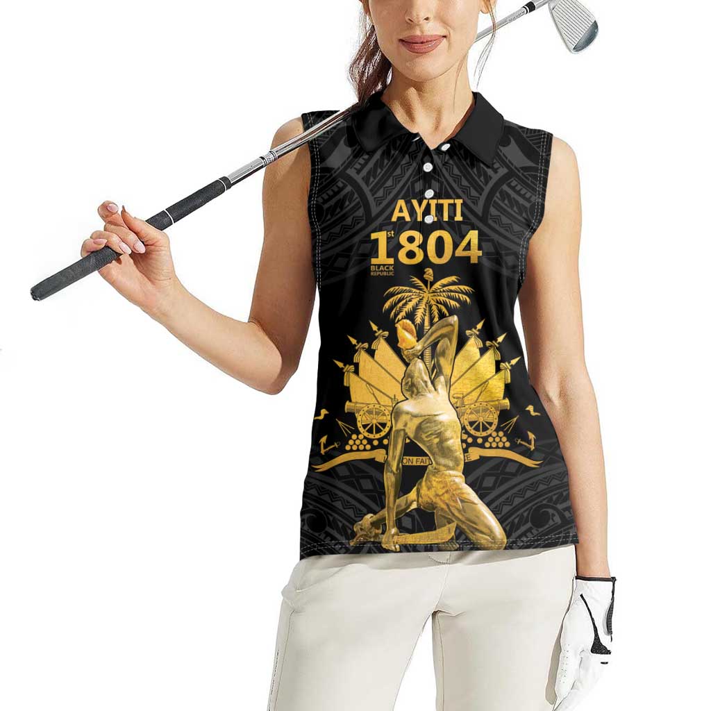 Haitian Negre Marron 1804 Women Sleeveless Polo Shirt Black Polynesian Pattern