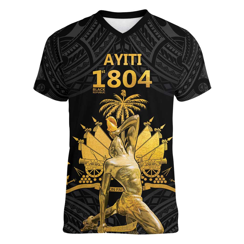 Haitian Negre Marron 1804 Women V-Neck T-Shirt Black Polynesian Pattern