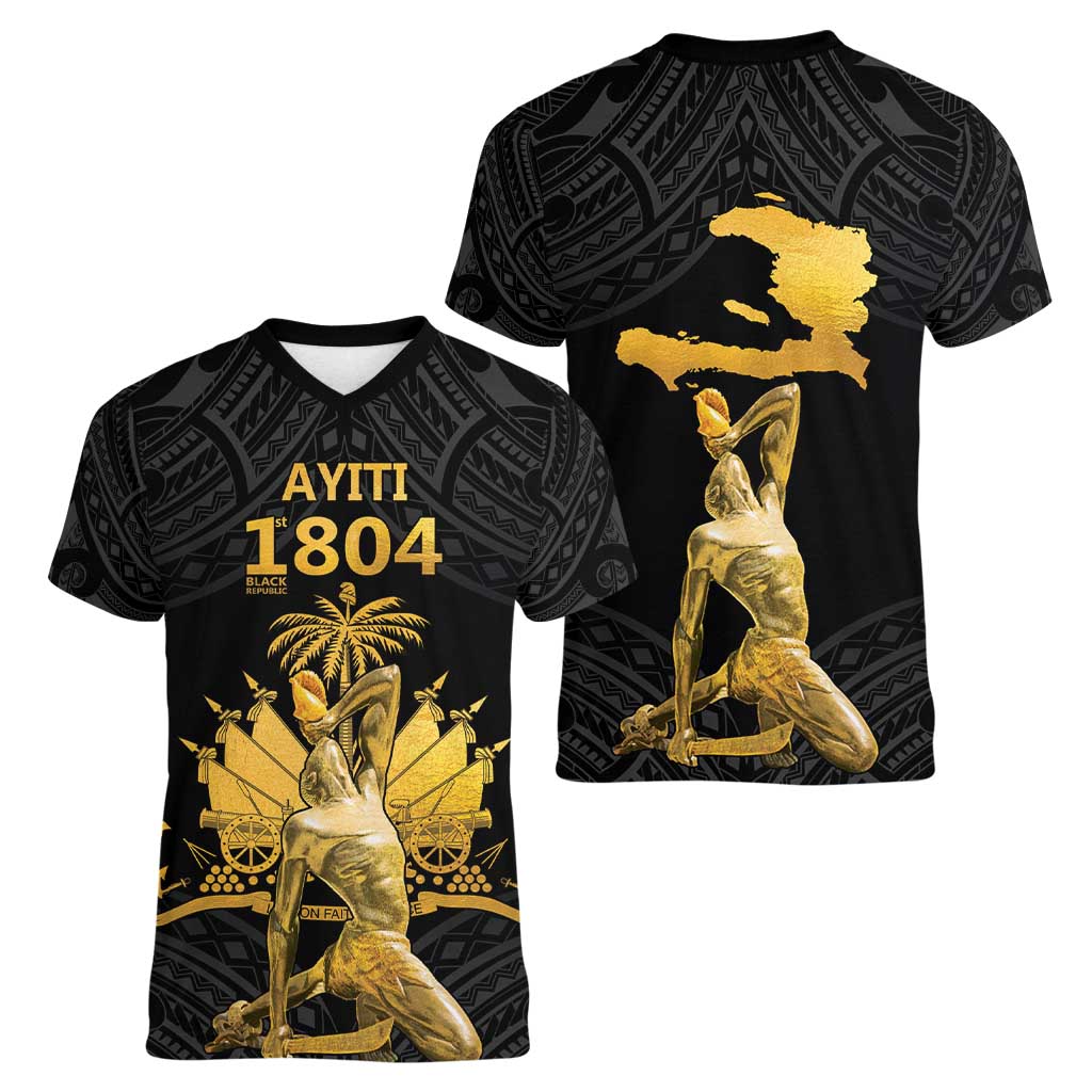 Haitian Negre Marron 1804 Women V-Neck T-Shirt Black Polynesian Pattern