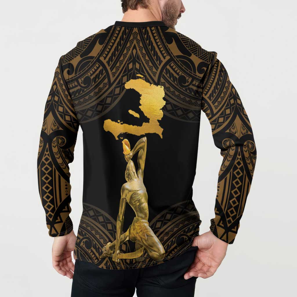 Haitian Negre Marron 1804 Button Sweatshirt Gold Polynesian Pattern
