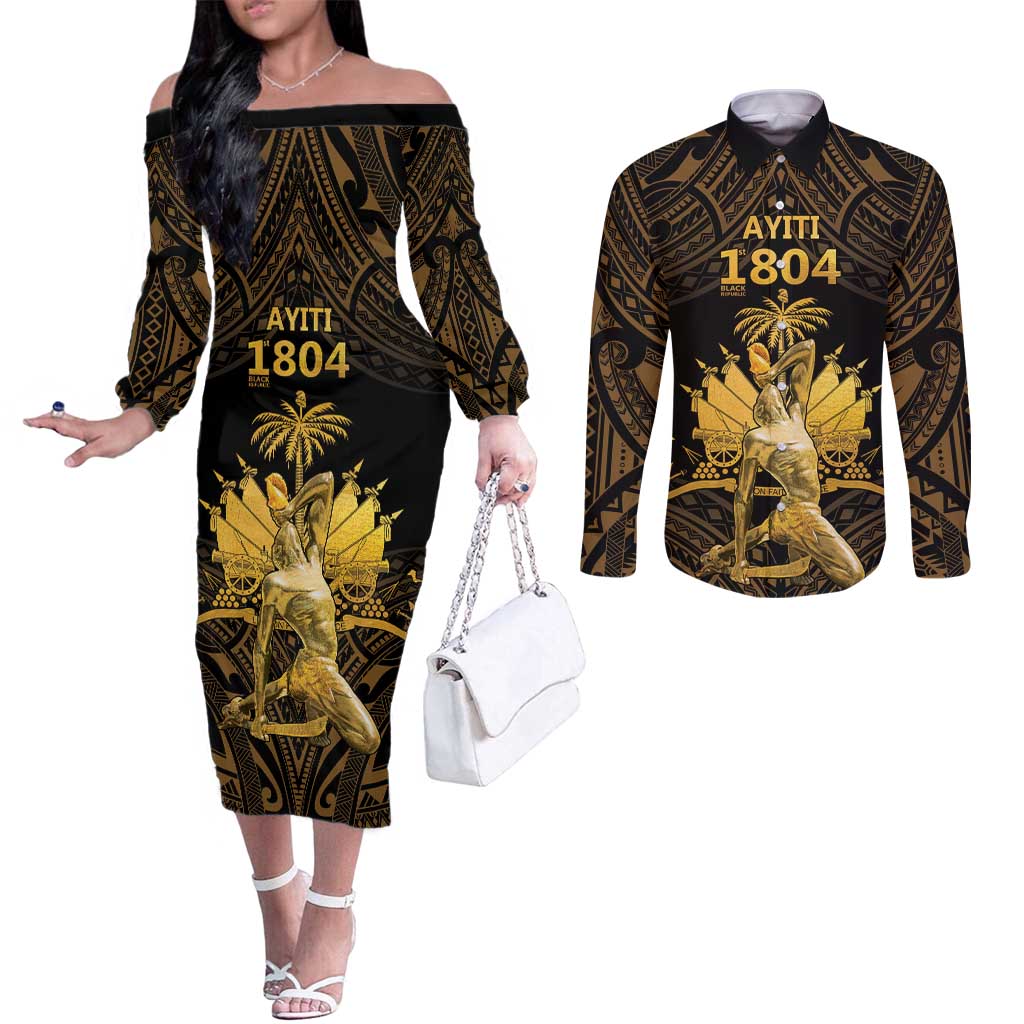 Haitian Negre Marron 1804 Couples Matching Off The Shoulder Long Sleeve Dress and Long Sleeve Button Shirt Gold Polynesian Pattern