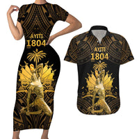 Haitian Negre Marron 1804 Couples Matching Short Sleeve Bodycon Dress and Hawaiian Shirt Gold Polynesian Pattern