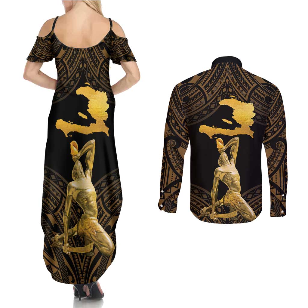 Haitian Negre Marron 1804 Couples Matching Summer Maxi Dress and Long Sleeve Button Shirt Gold Polynesian Pattern