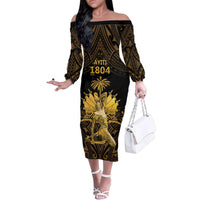 Haitian Negre Marron 1804 Family Matching Off The Shoulder Long Sleeve Dress and Hawaiian Shirt Gold Polynesian Pattern
