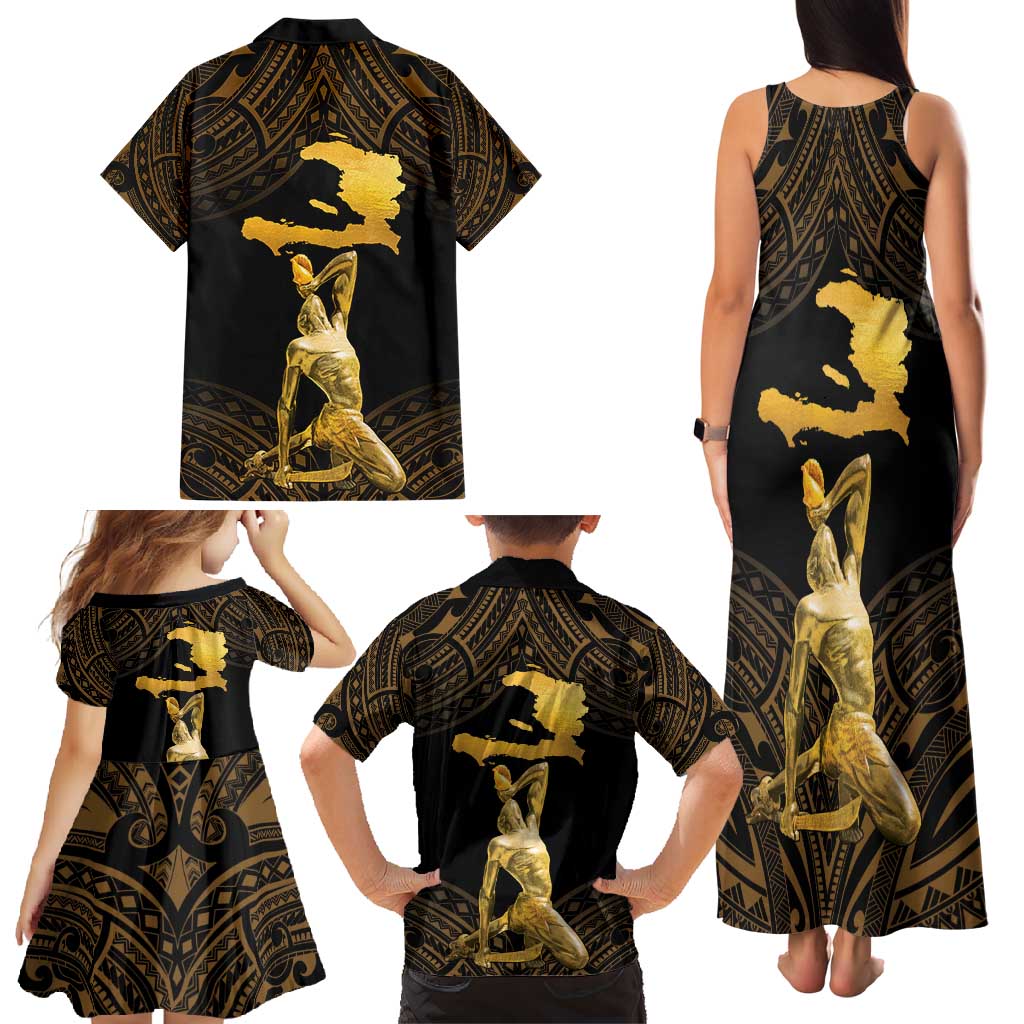 Haitian Negre Marron 1804 Family Matching Tank Maxi Dress and Hawaiian Shirt Gold Polynesian Pattern