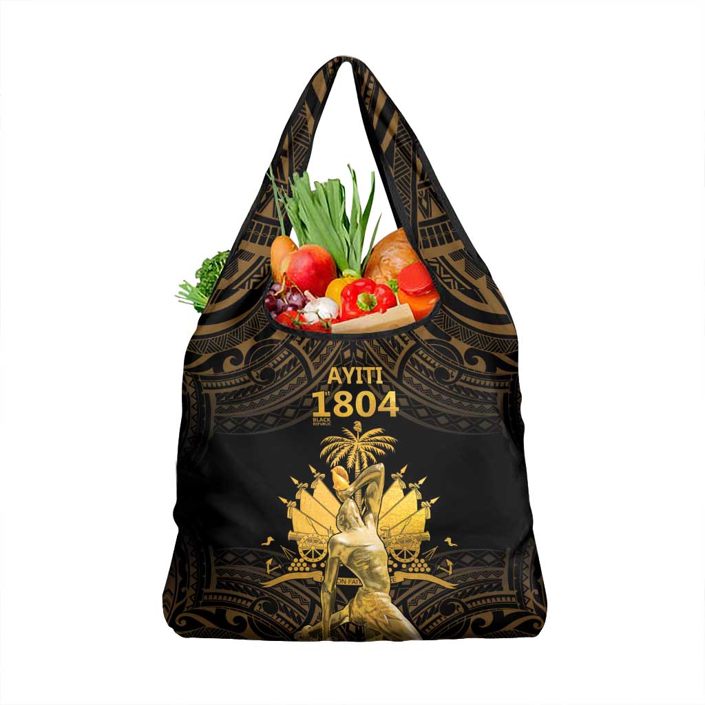 Haitian Negre Marron 1804 Grocery Bag Gold Polynesian Pattern