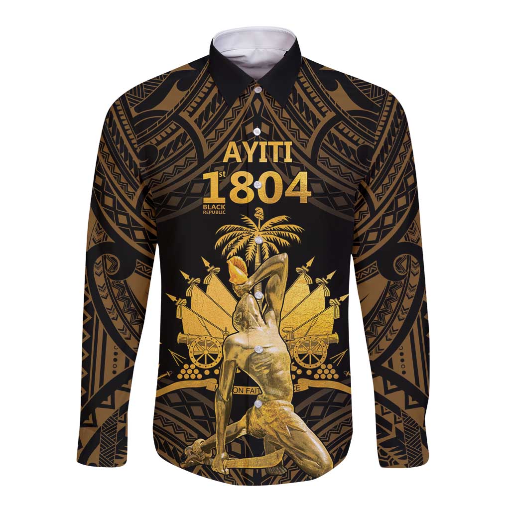 Haitian Negre Marron 1804 Long Sleeve Button Shirt Gold Polynesian Pattern LT9 Unisex Gold - Polynesian Pride