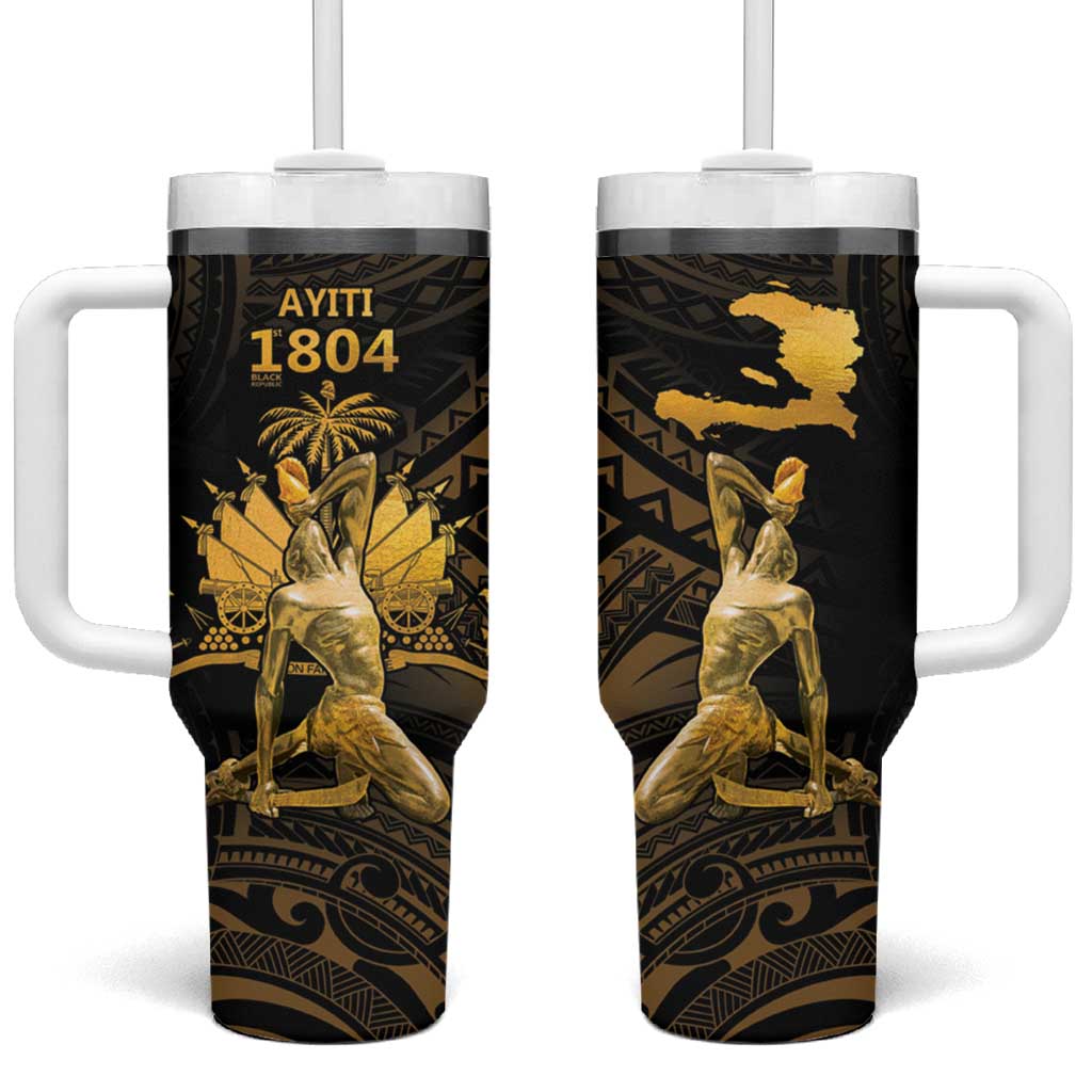 Haitian Negre Marron 1804 Tumbler With Handle Gold Polynesian Pattern