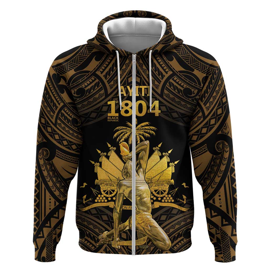 Haitian Negre Marron 1804 Zip Hoodie Gold Polynesian Pattern