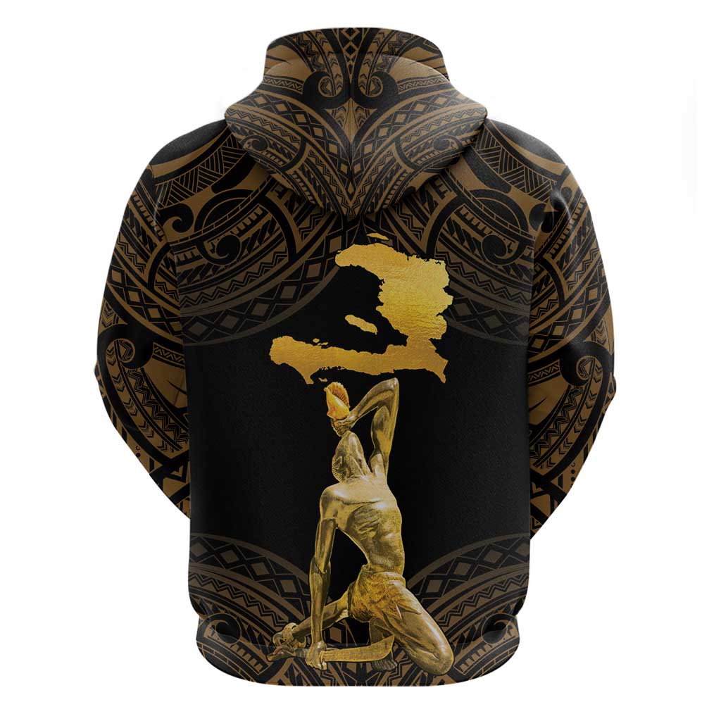 Haitian Negre Marron 1804 Zip Hoodie Gold Polynesian Pattern