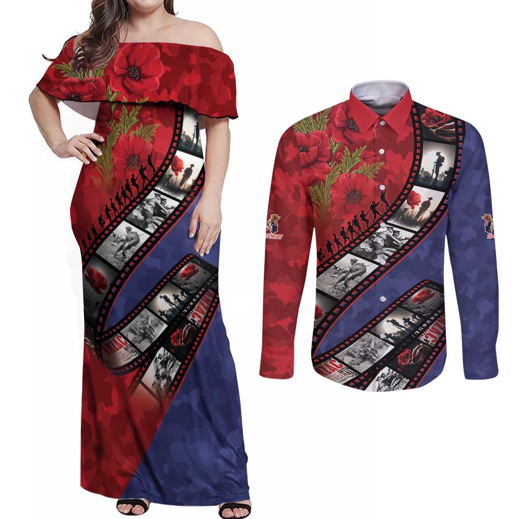 Personalised ANZAC Spirit 1915-2026 Filmstrip Tribute Couples Matching Off Shoulder Maxi Dress and Long Sleeve Button Shirt Lest We Forget 25 April