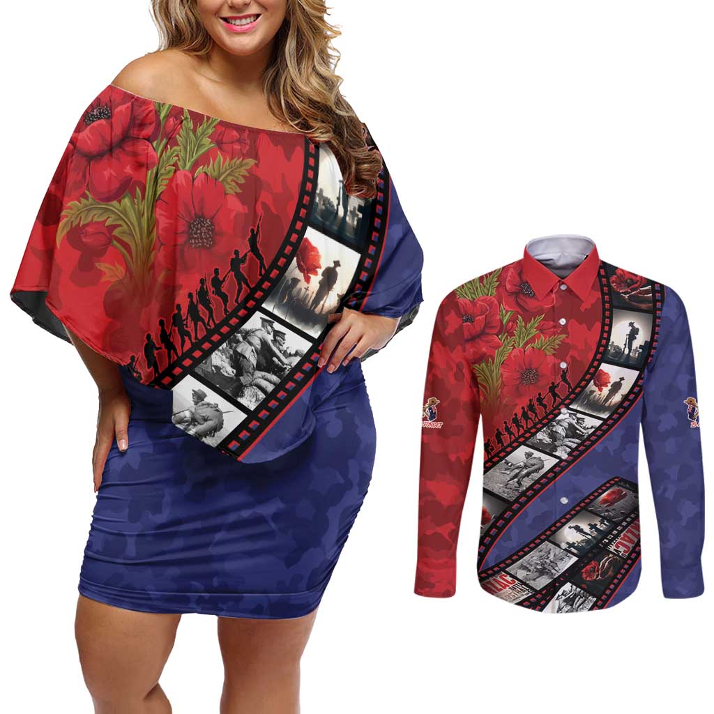 Personalised ANZAC Spirit 1915-2026 Filmstrip Tribute Couples Matching Off Shoulder Short Dress and Long Sleeve Button Shirt Lest We Forget 25 April