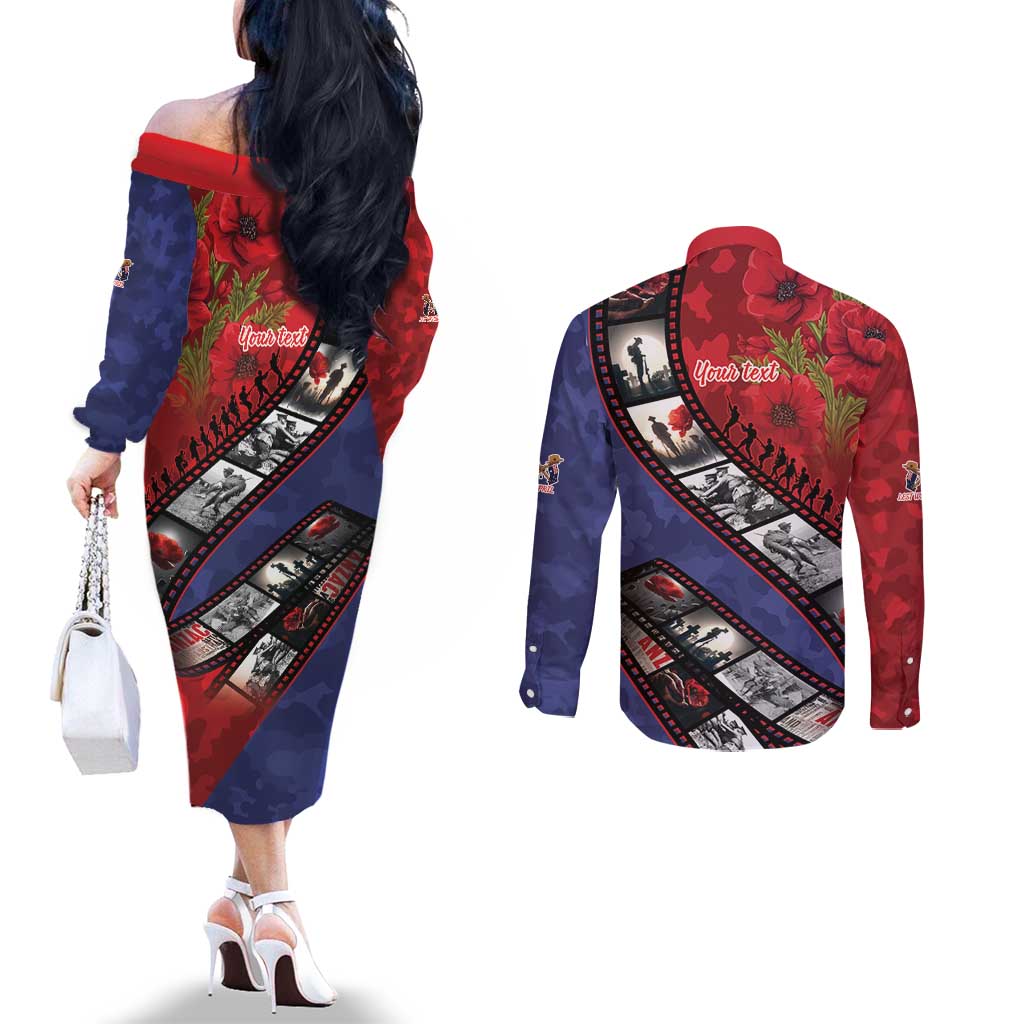 Personalised ANZAC Spirit 1915-2026 Filmstrip Tribute Couples Matching Off The Shoulder Long Sleeve Dress and Long Sleeve Button Shirt Lest We Forget 25 April