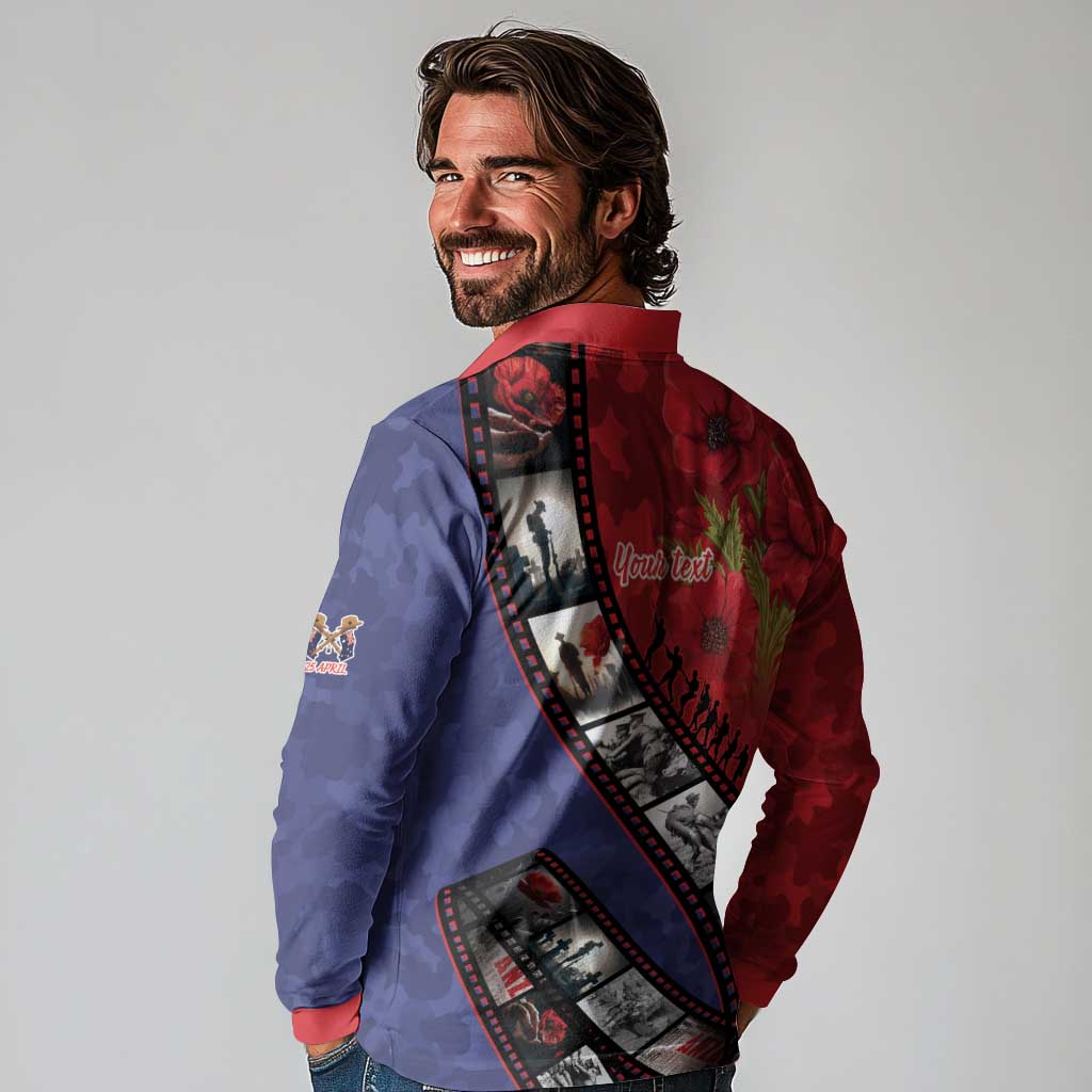 Personalised ANZAC Spirit 1915-2026 Filmstrip Tribute Long Sleeve Polo Shirt Lest We Forget 25 April