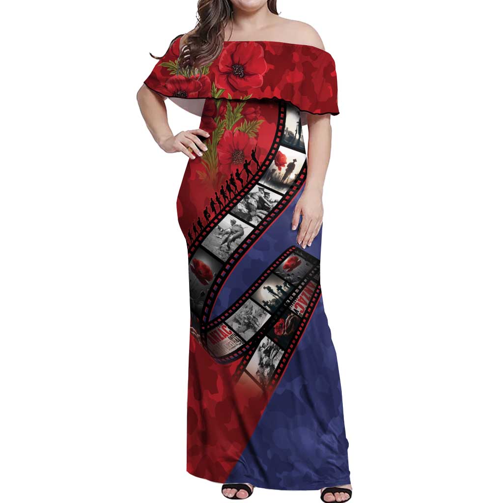 Personalised ANZAC Spirit 1915-2026 Filmstrip Tribute Off Shoulder Maxi Dress Lest We Forget 25 April