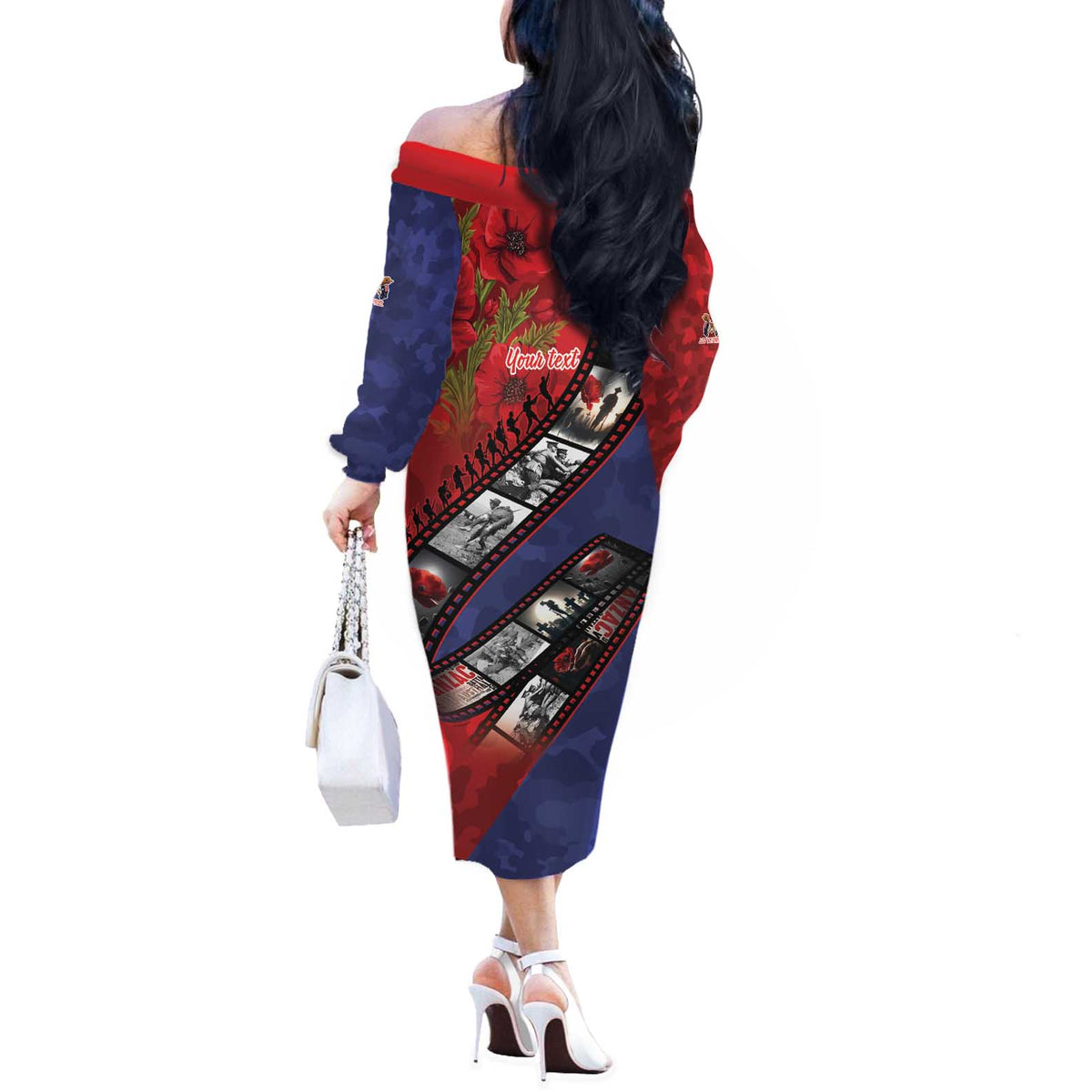 Personalised ANZAC Spirit 1915-2026 Filmstrip Tribute Off The Shoulder Long Sleeve Dress Lest We Forget 25 April LT9 - Polynesian Pride